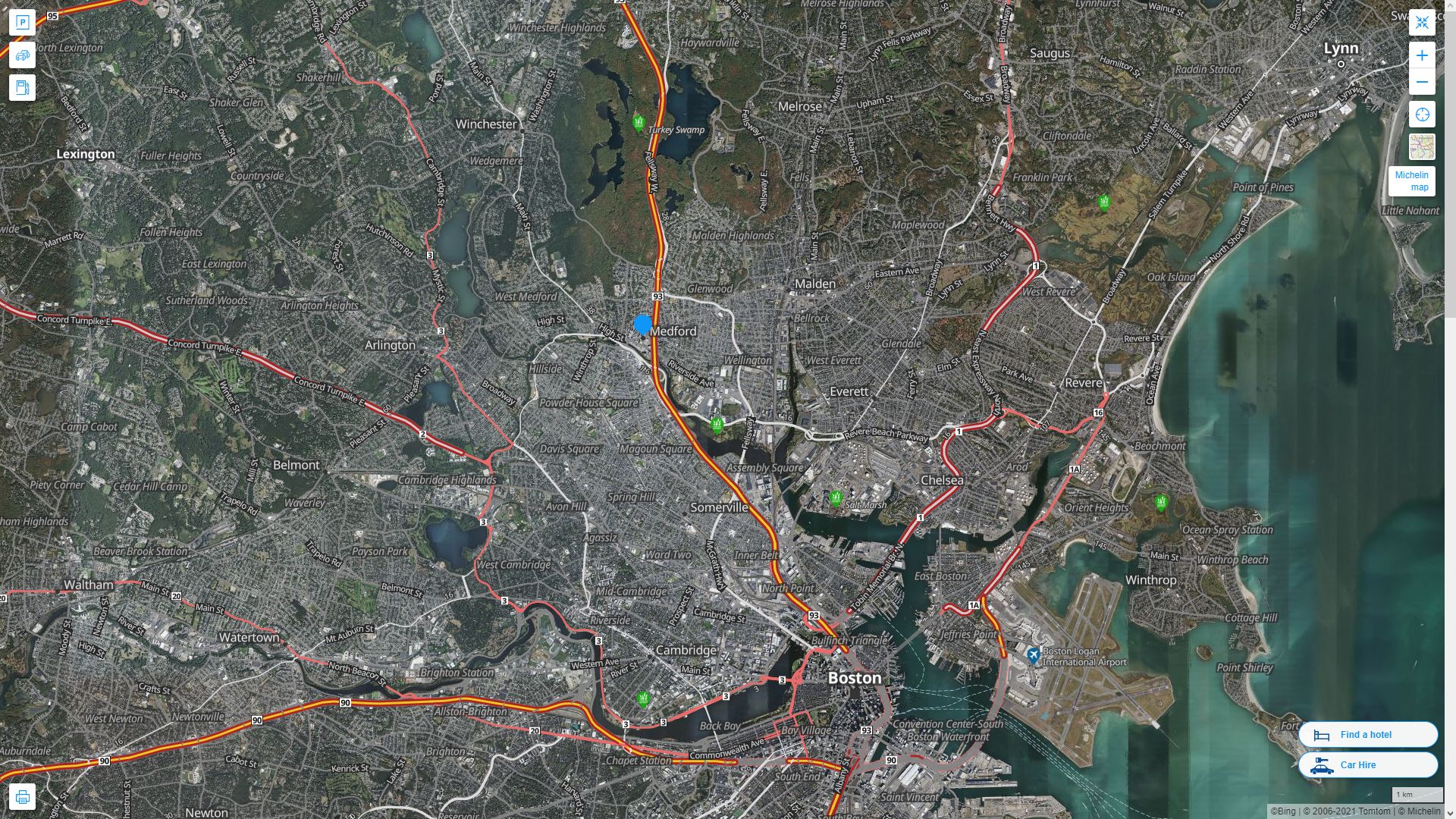 Medford Massachusetts Highway and Road Map with Satellite View